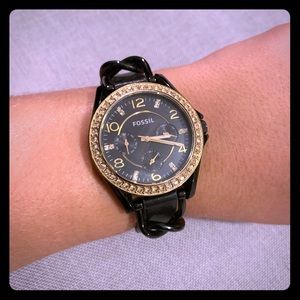 Fossil Black and Gold Leather Watch